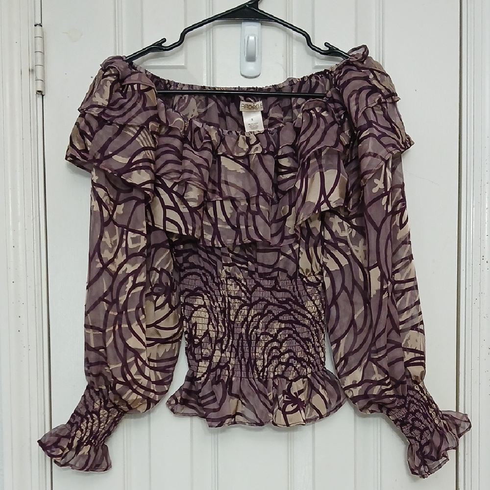 Arden B Purple & Cream Georgette Ruffled Top With Strechable Waist & Wrists
